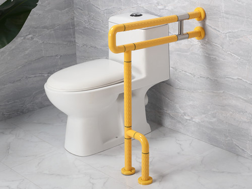 衛(wèi)生間扶手-黃色U型扶手帶不銹鋼工字架旋轉(zhuǎn)活動(dòng)輔助腳老人安全助力扶手桿無(wú)障礙助立坐便器扶手