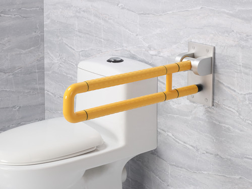 衛(wèi)生間扶手-黃色U型上翻扶手鋁合金底板老人安全助力扶手桿無(wú)障礙助立坐便器扶手